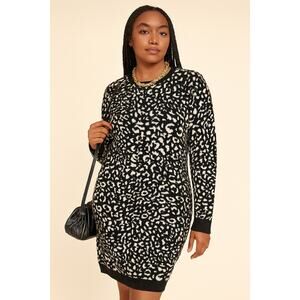 Express Leopard Print Sweater Dress Womens Size L Heavy Knit Black White
